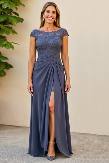 Twilight Ruched Lace Applique Mother of the Bride Dress with Slit